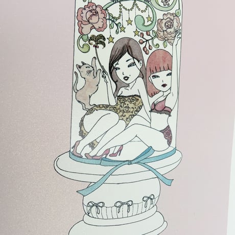 須川まきこ「ガラスドームとリボン」版画  （ラメ仕様）