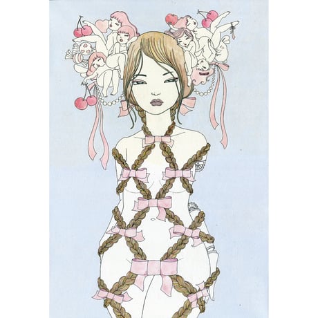 須川まきこ「少女の髪飾りと三つ編みとリボン」原画 sugawa makiko
