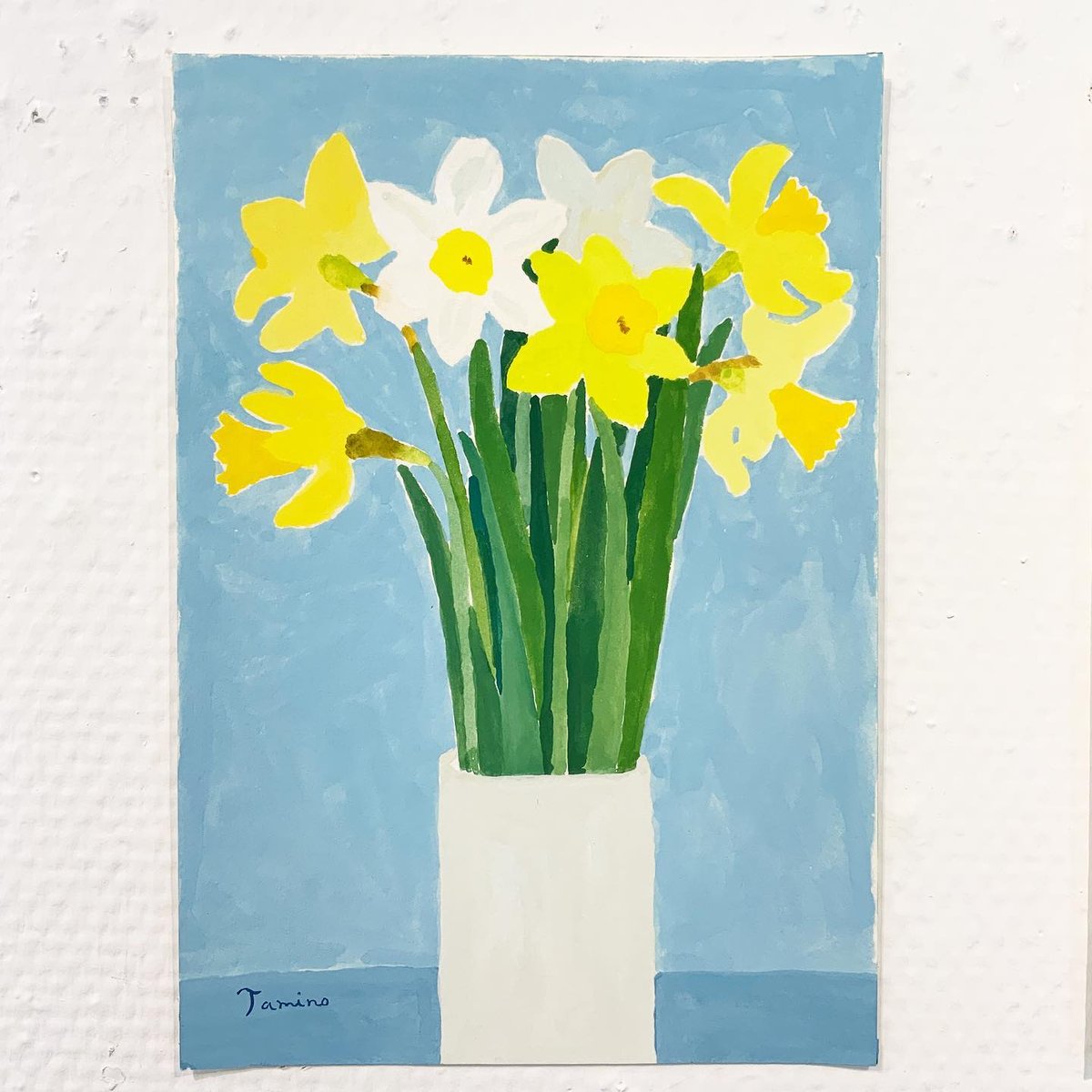 水彩画原画水仙とパンジー春のガーデン 水彩画原画水仙とパンジー春の