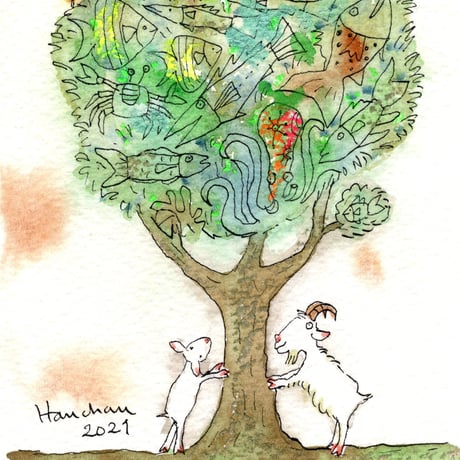 はんまけいこ「fish tree 小さな村がある」原画
