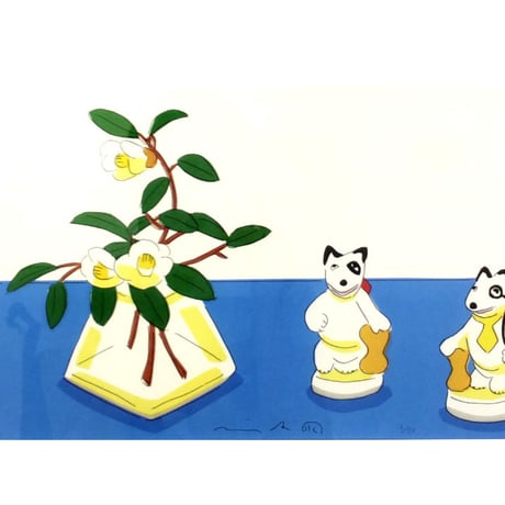 安西水丸「犬の置物と花」  mizumaru anzai