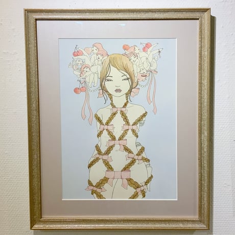 須川まきこ「少女の髪飾りと三つ編みとリボン」原画 sugawa makiko