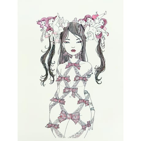 須川まきこ「少女の髪飾りとリボン」ジークレー版画