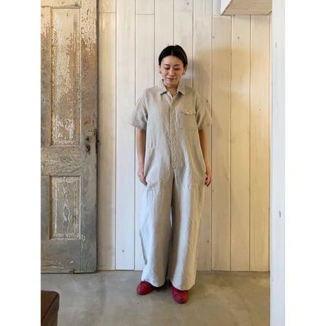 オリジナルフレンチリネン 半袖 比翼オールインワン