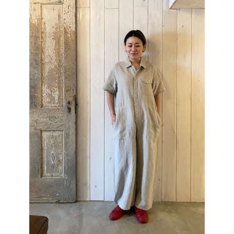 オリジナルフレンチリネン 半袖 比翼オールインワン