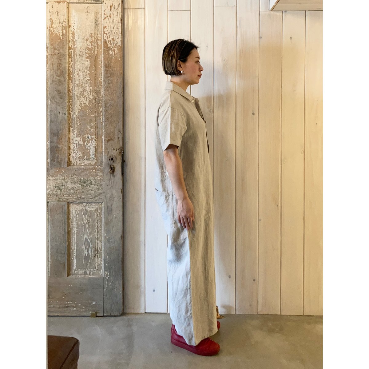 未使用 定価5.8万 エブール リネン ヘリンボーン 半袖 オールインワン 38 オリジナルフレンチリネン 半袖 比翼オールインワン | sum