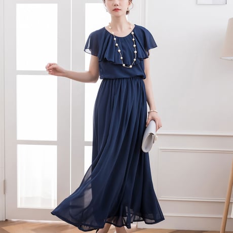 【アウトレット】パーティードレス ドレス ワンピース ロングドレス シフォン 袖有り マキシ丈 お呼ばれドレス 結婚式 披露宴 大きいサイズ お呼ばれ 442ze