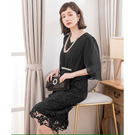 【アウトレット】パーティードレス ドレス ワンピース レース シフォン 袖有り 膝丈 お呼ばれドレス 結婚式 二次会 披露宴 大きいサイズ お呼ばれ emd0206