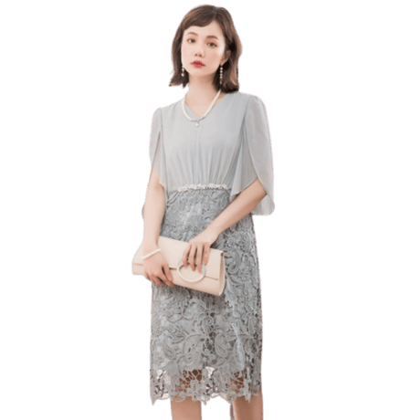 【アウトレット】パーティードレス ドレス ワンピース レース シフォン 袖有り 膝丈 お呼ばれドレス 結婚式 二次会 披露宴 大きいサイズ お呼ばれ emd0206