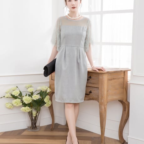 【アウトレット】パーティードレス ドレス ワンピース レース シフォン 袖有り 膝丈 お呼ばれドレス 結婚式 二次会 披露宴 大きいサイズ お呼ばれ emile0036