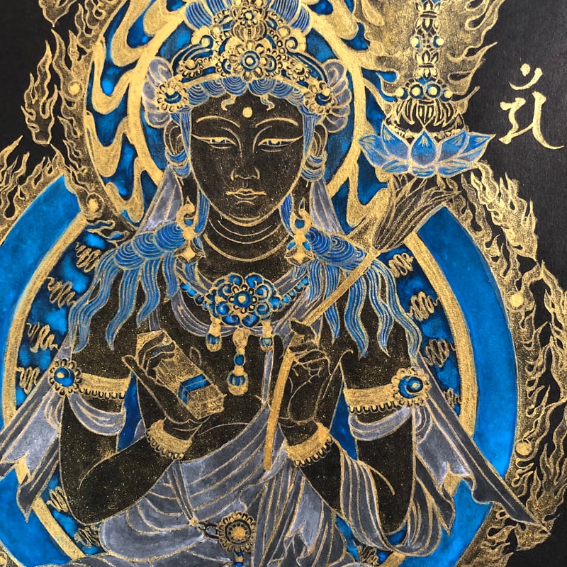 黒財神 アート 手描き タンカ 仏教美術 守護 お守り 開運 厄除け 文殊