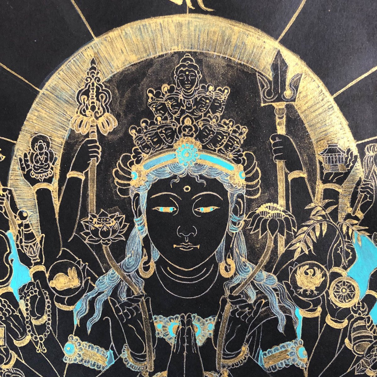 肉筆仏画】千手観音菩薩 子年（ねずみ）御守本尊（額縁入り）神仏画家
