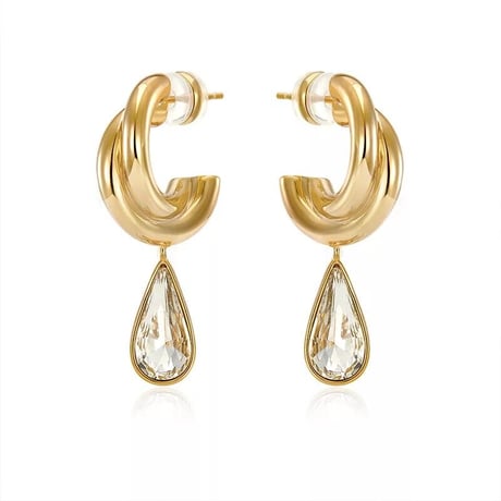 gold hoop × clear drop pierce