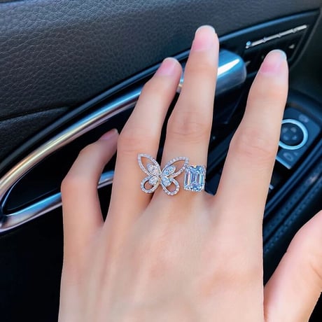 butterfly × square stone open  ring