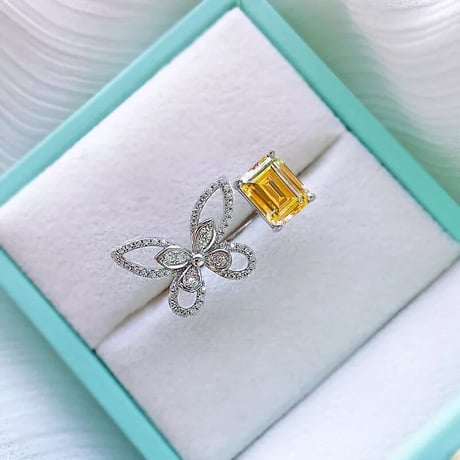 butterfly × square stone open  ring