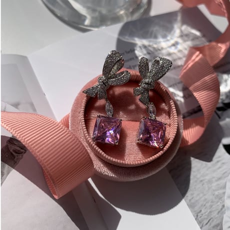 ribbon × pink stone 2way pierce