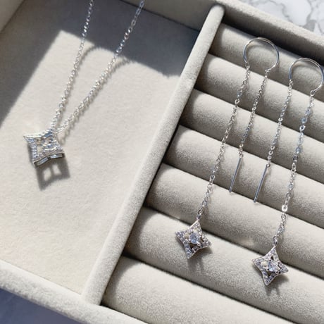 rhombus stone necklace & pierce set