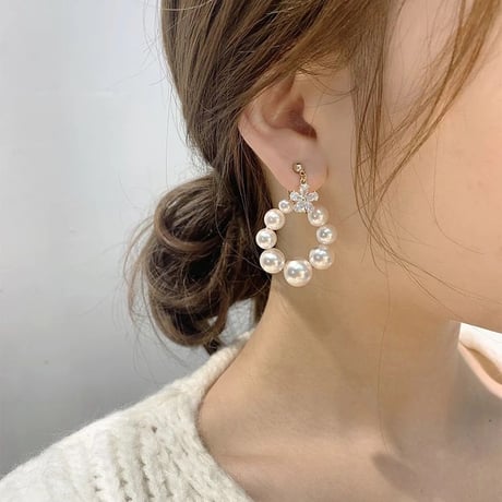 flower × Pearl hoop 2way pierce