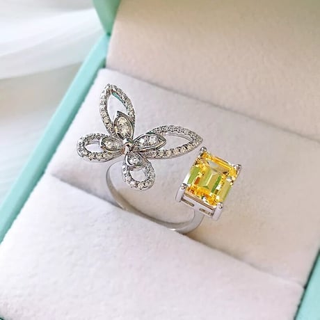 butterfly × square stone open  ring
