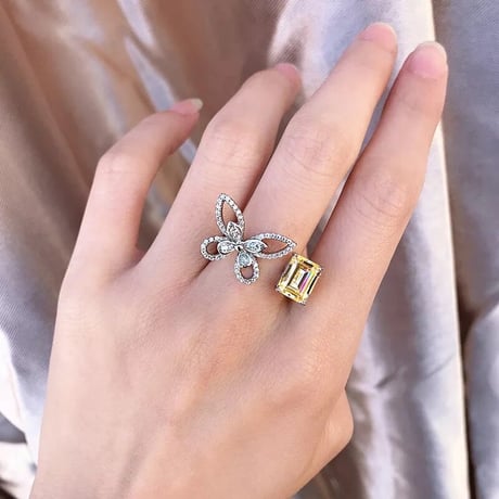 butterfly × square stone open  ring