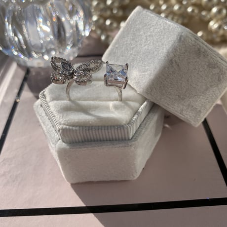 butterfly × square stone open  ring