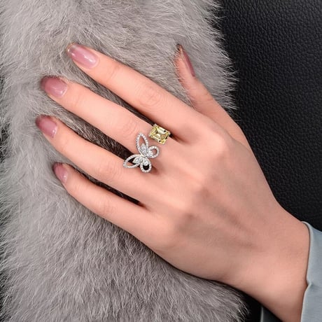 butterfly × square stone open  ring