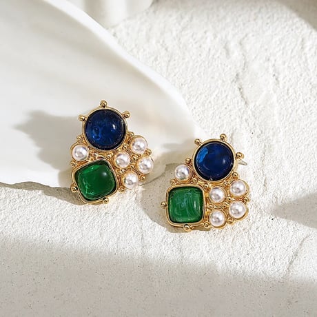 vintage color stone×pearl pierce