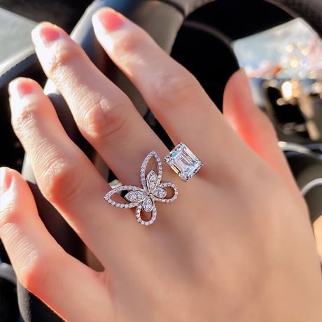 butterfly × square stone open  ring