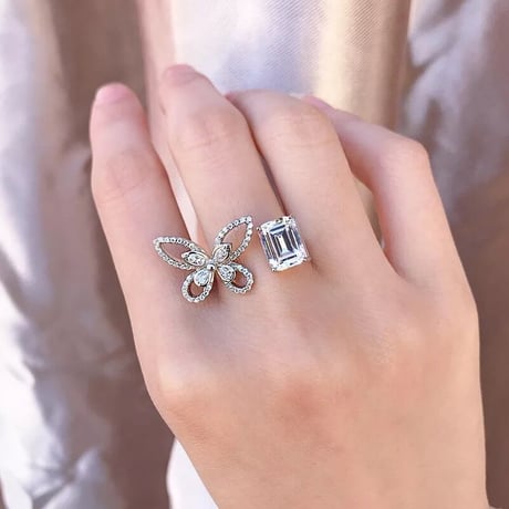 butterfly × square stone open  ring