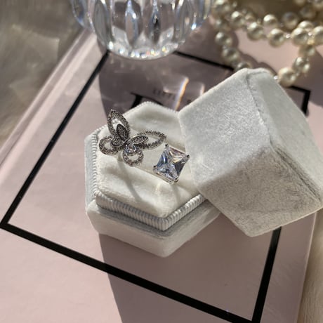 butterfly × square stone open  ring