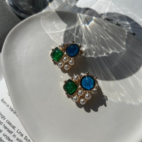 vintage color stone×pearl pierce