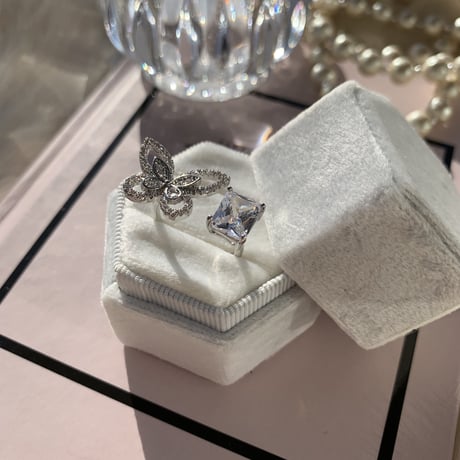 butterfly × square stone open  ring