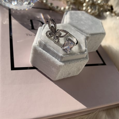 butterfly × square stone open  ring