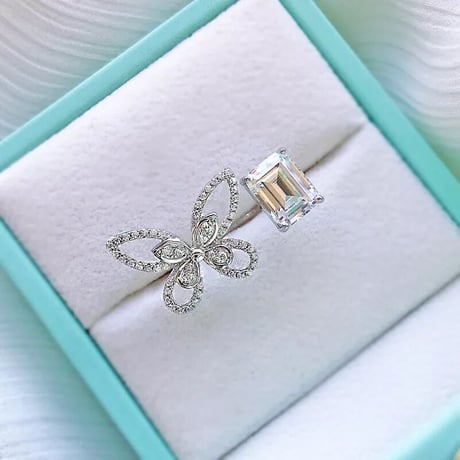 butterfly × square stone open  ring