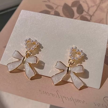 【即納】リボンパールハートピアス s925