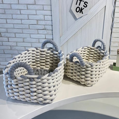 【一部即納】パステルニットの手編みな収納かご