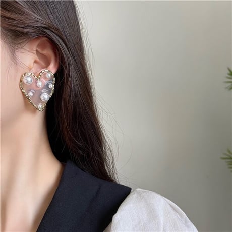 【一部即納】ハートのゴールドとパールのクリアピアス/イヤリング