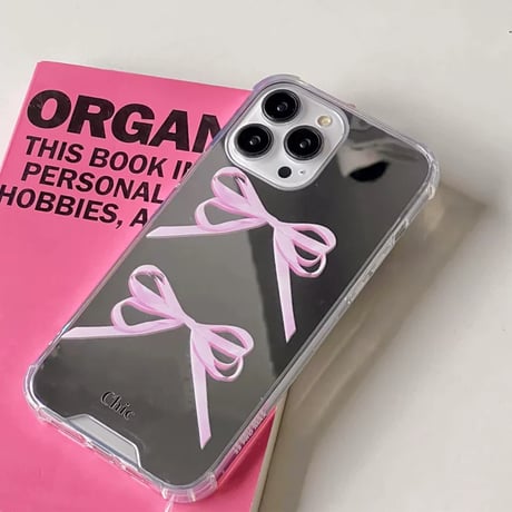【即納】pinkリボンミラーiPhoneケース