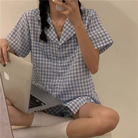 【即納】パステルブルーのチェックルームウェア
