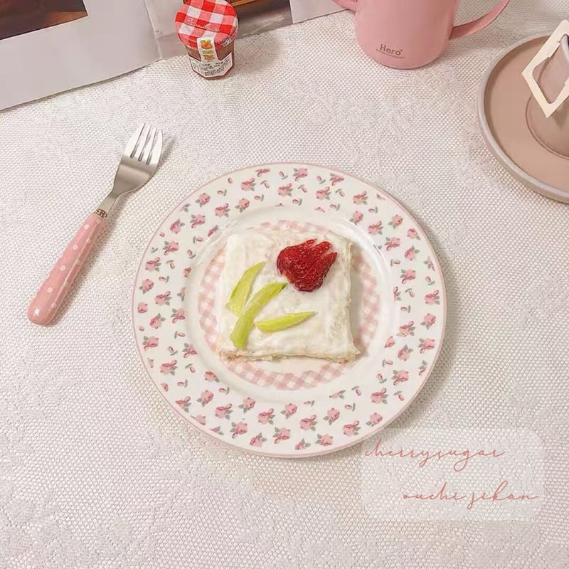 ピンクローズのギンガムチェックプレート | Cherry Sugar