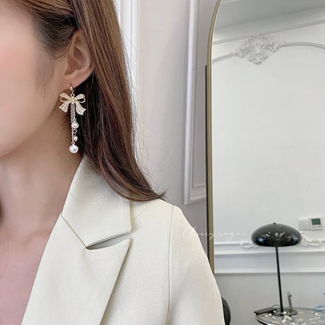 【即納】リボンビジューパールピアス/イヤリング