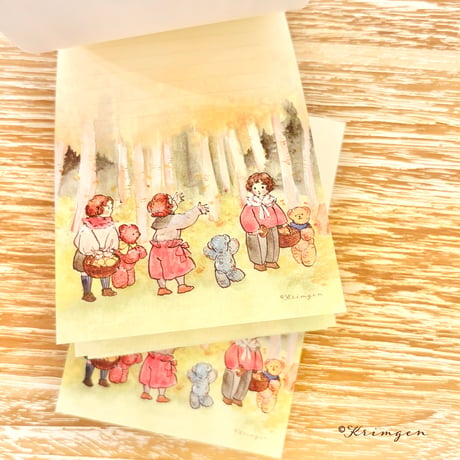 "Three Kids in Autumn Woods"  memo pad （秋の森の三人のメモ帳）