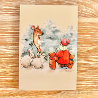 25K-47: "Deer, Rabbits, and Child" postcard （鹿とうさぎと子供のポストカード）