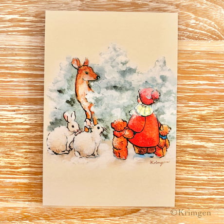 25K-47: "Deer, Rabbits, and Child" postcard （鹿とうさぎと子供のポストカード）