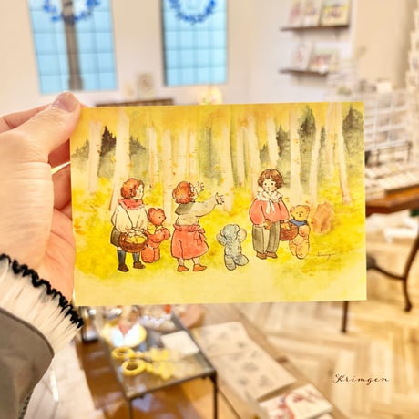 25K-34: "Three Kids in Autumn Woods" postcard
