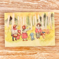 25K-34: "Three Kids in Autumn Woods" postcard