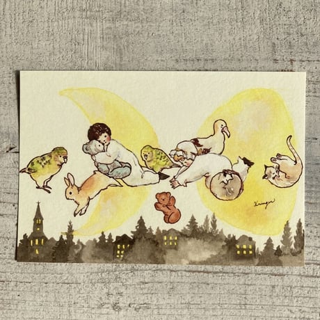 月と子供のポストカード 2枚セット (Set of 2, Moon and Children postcards)