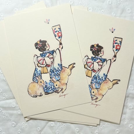 Kimono Girl with Rabbits ポストカード