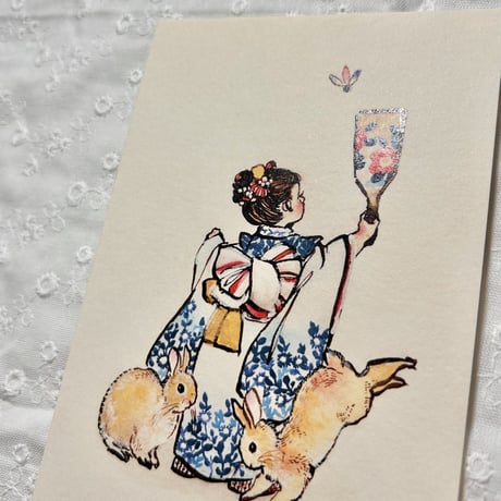 Kimono Girl with Rabbits ポストカード