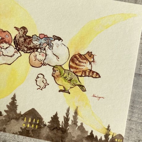 月と子供のポストカード 2枚セット (Set of 2, Moon and Children postcards)